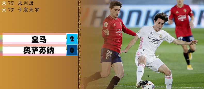 皇马2-0奥萨苏纳 米利唐卡塞米罗破门瓦拉内伤退