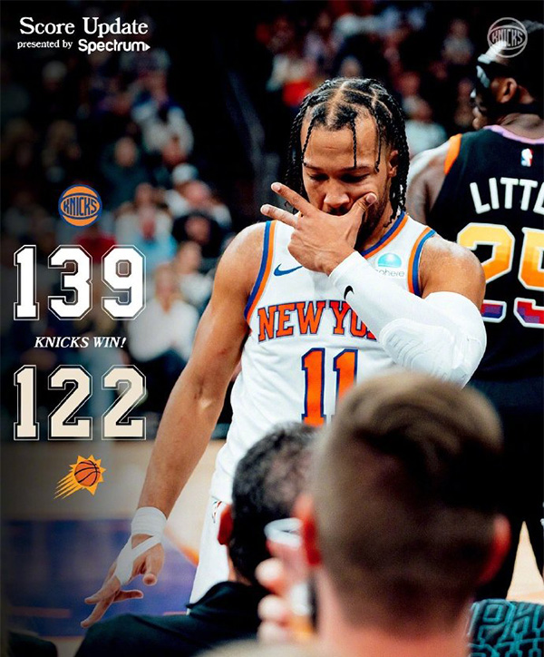 NBA录像回顾战况:尼克斯139-122太阳 布伦森50+6+9+5断 布克KD合砍57分